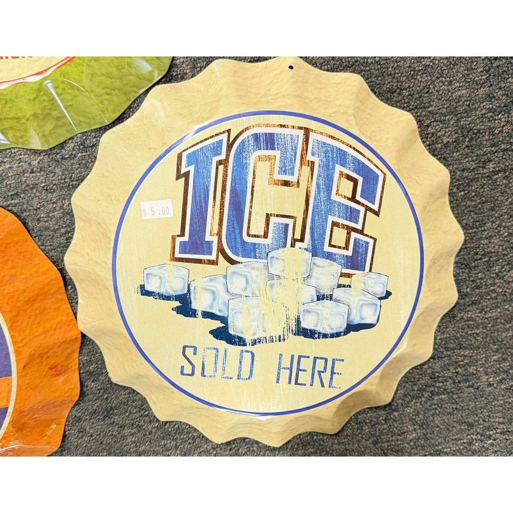 Set of 3 Retro Metal Bottle Cap Signs Sunny Soda Limeade Ice Wall Decor Tin 12in